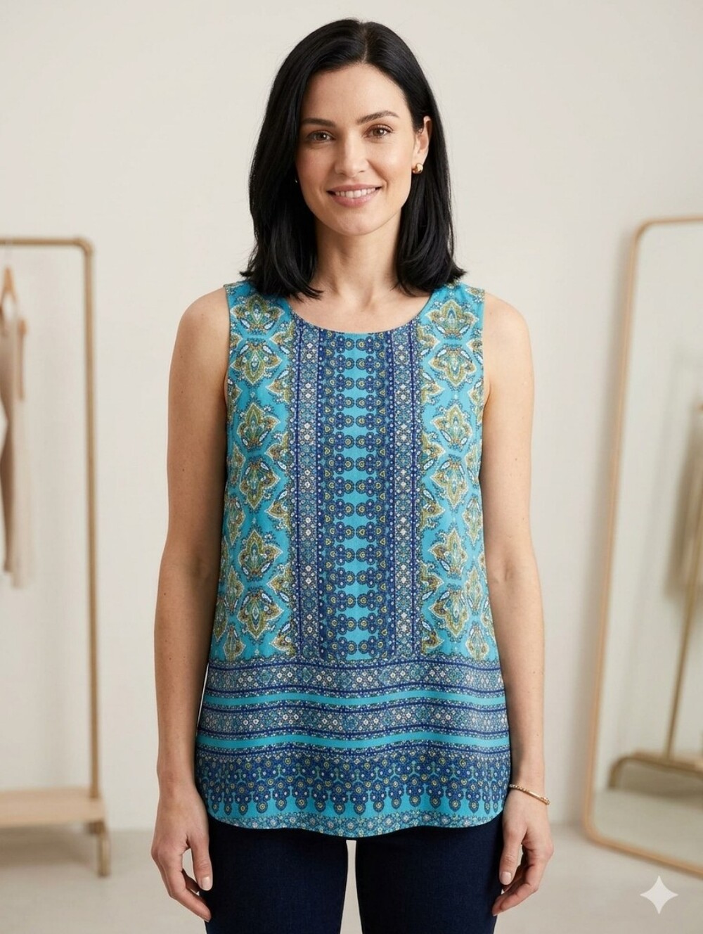 Ava Christine Fair Isle Print Sleeveless Button Up Back Top Women's Medium Blue